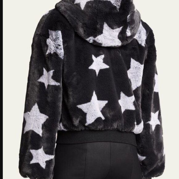 Blanc Noir Faux-Fur Reversible Star Hoodie - LARGE - Furry Soft Black Grey Stars - Picture 3 of 4